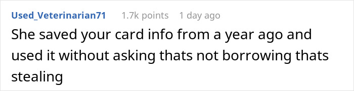 Comment explaining cousin card fraud in a vacation rental context, warning against unauthorized use of saved card info.