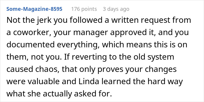 Screenshot of online forum text discussing a pushy colleague testing office coordinator's limits and facing karma.