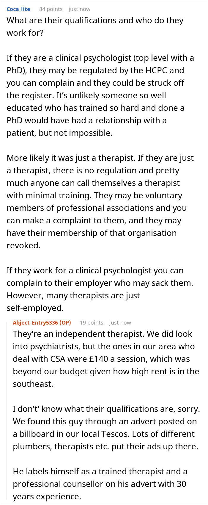 Screenshot of Reddit conversation discussing therapist qualifications and independent therapy in relation to marriage therapy funding and replacement concerns.