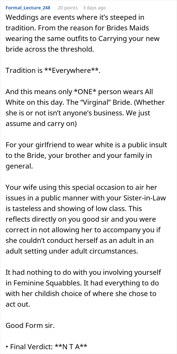 Text post discussing a husband leaving his wife after she reveals what she's planning to wear to brother's wedding.