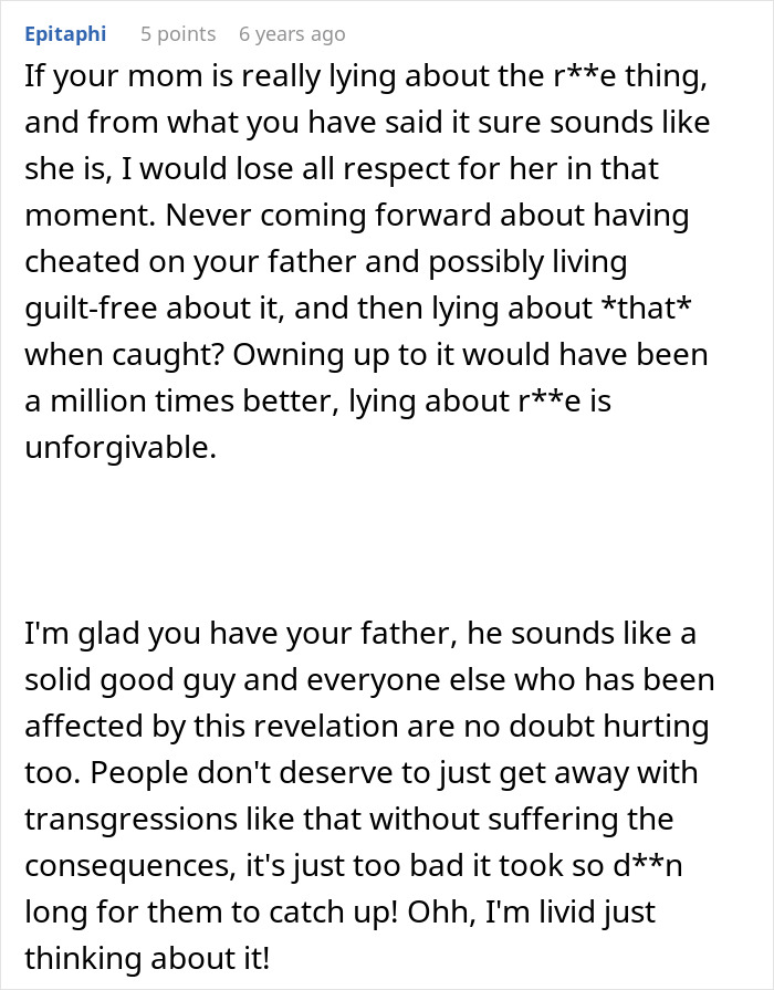 Comment text discussing family chaos and betrayal after one DNA test reveals an uncle is actually the father.