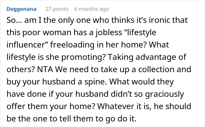 Comment discussing a man kicking his family out after wife discovers the real reason family needed to move in.