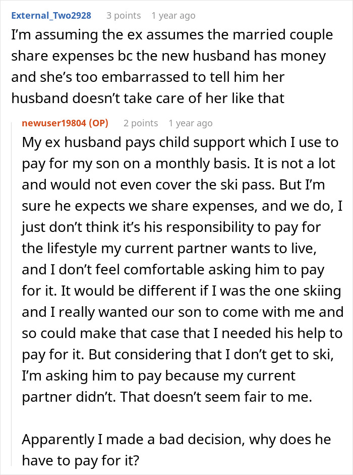 Screenshot of a Reddit discussion about a woman panicking after her partner who makes five times her salary leaves her son without a ski pass.