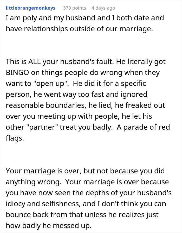 Text post discussing a man in a poly relationship and the emotional impact on his depressed wife.