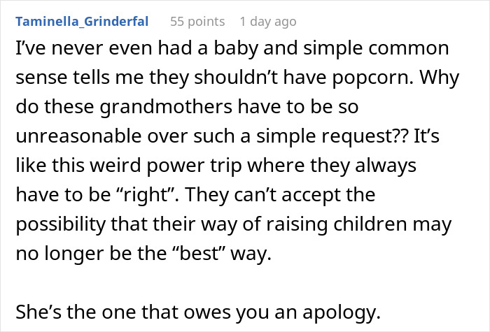 Comment discussing how a rude mother at a family dinner refuses to accept new parenting views, causing tension.