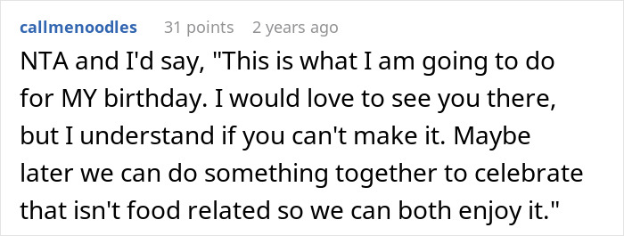 Screenshot of a forum comment discussing frustration with a friend&rsquo;s strict diet enforced even on birthdays.