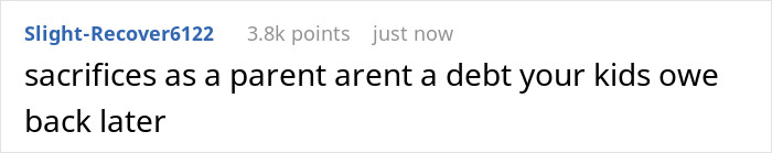 Screenshot of online comment about parenting sacrifices and kids refusing to help raise a surprise baby news at 50 years old dad.