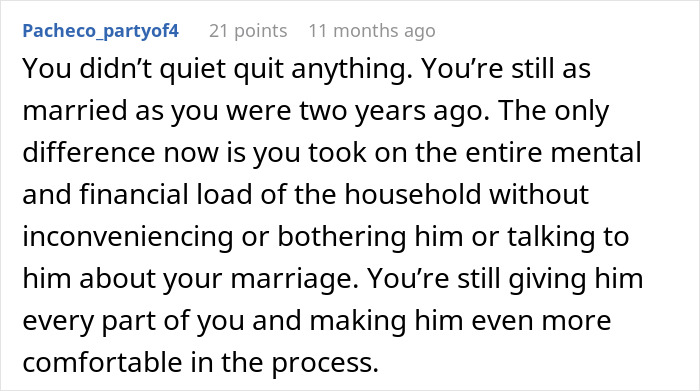 Comment about a tired woman in a quiet quit marriage, overwhelmed by mental and financial household load.
