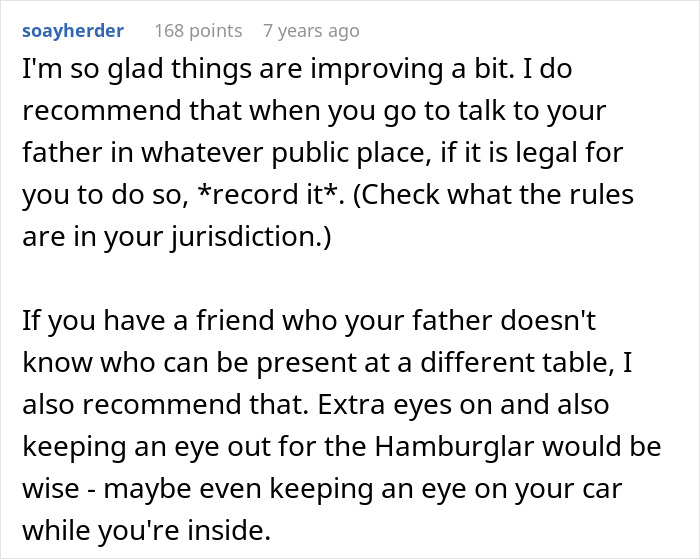 Screenshot of an online comment advising to record conversations and watch out for the Hamburglar step-mom stealing food.