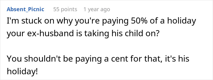 Text post discussing confusion over paying for a holiday when an ex-husband takes his child on a trip.