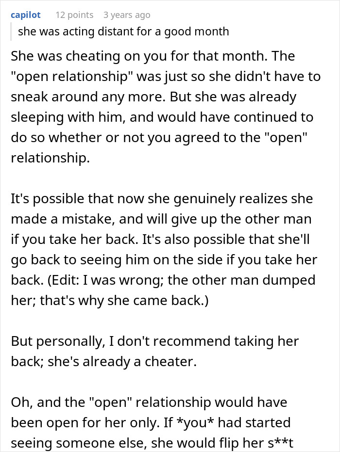 Text screenshot of a conversation discussing a woman suggesting an open relationship and the man's reaction to break up.