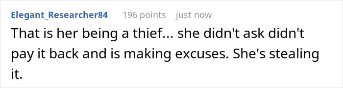 Comment on user post about girlfriend feeling like a thief after boyfriend locks money box, discussing borrowing and trust issues.