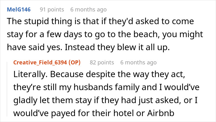 Screenshot of a Reddit discussion about family conflicts when the man’s family needed to move in unexpectedly.