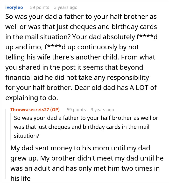 Comments discussing a woman learning her father had a secret son, leading to family conflict and fractured relationships.