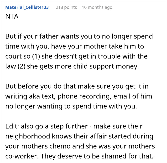 Alt text: Forum advice discussing embarrassing step mother relationship affair and exposing the truth to the neighborhood.