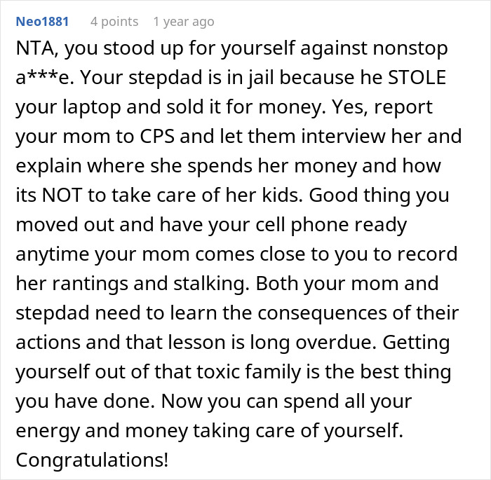 Comment text describing a teen escaping a horrible family after a misstep from step-father, highlighting standing up and moving out.