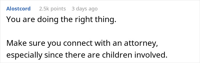 Commenter advising to connect with an attorney regarding children, related to woman party relationship partner issues.