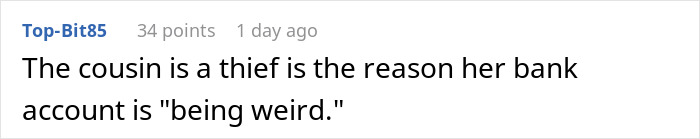 Comment explaining cousin card fraud related to suspicious bank activity linked to a vacation rental scam discussion.
