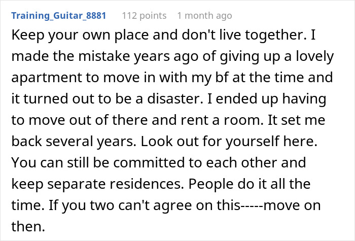 Comment from user discussing the challenges of moving in with a girlfriend and refusing to live in her apartment.