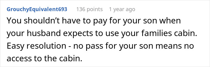 Screenshot of a comment discussing a partner&rsquo;s salary and the issue of a son not having a ski pass.