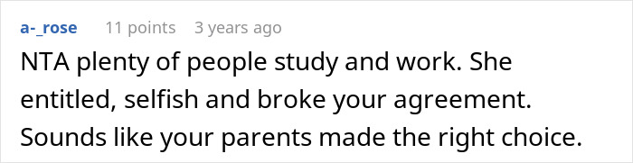 Screenshot of an online comment discussing a woman refusing to house her sister after she declines babysitting and cleaning.