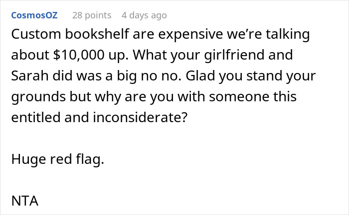 Comment discussing entitled behavior when woman volunteers boyfriend for free labor and he refuses, highlighting relationship issues.