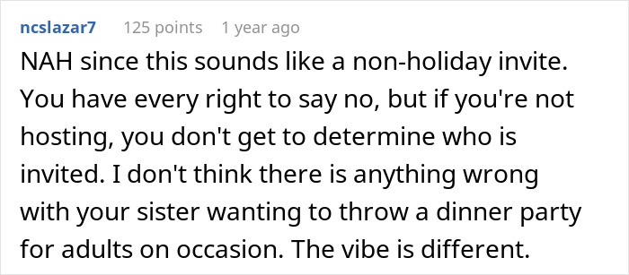 Comment about a woman telling family no kids allowed in her home, brother feeling targeted in a family discussion.