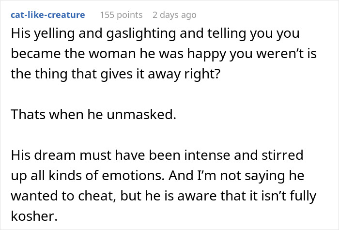 Screenshot of a Reddit comment discussing a married man texting a woman he loved 15 years ago and telling his wife not to freak out.