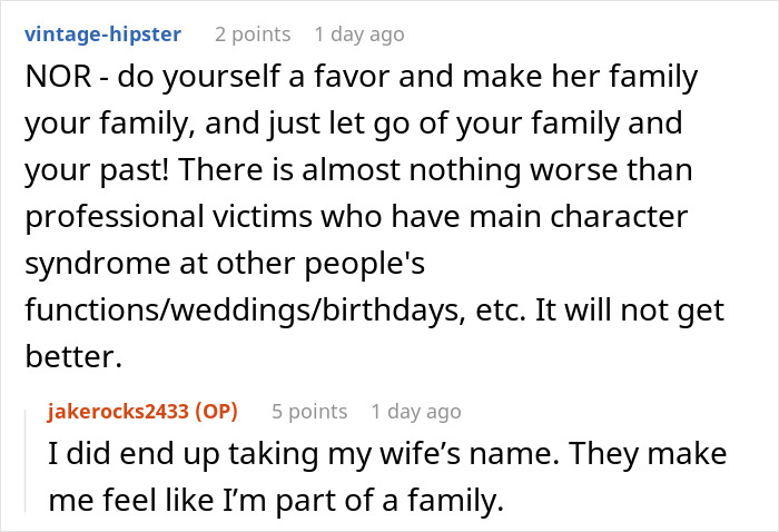 Screenshot of a Reddit conversation about a man upset as parents force him to drink beer at his wedding and leave early due to music.