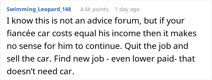 Reddit comment discussing a man&rsquo;s $500 insurance hike and its impact on his fianc&eacute;e&rsquo;s breaking point.