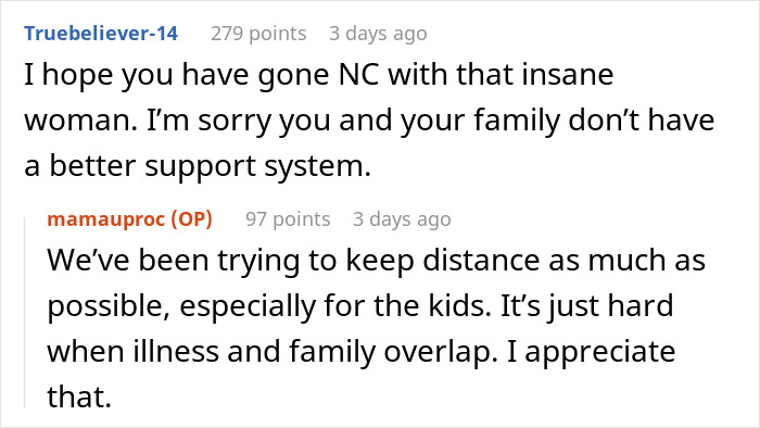 Reddit conversation showing family tension with a mother-in-law praised as saint but giving a vicious ultimatum.