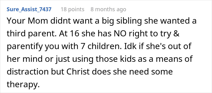 Screenshot of an online comment about a teen feeling overwhelmed being a third parent to seven kids at home.