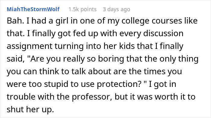 Text from a Reddit comment about being fed up with someone always bringing up her kids during conversations.