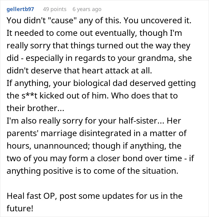Comment discussing emotional family chaos and revelations after one DNA test reveals uncle is actually dad.