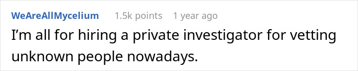 Screenshot of a Reddit comment discussing hiring a private investigator amid man&rsquo;s marriage on the rocks after learning of 12-year-old daughter.