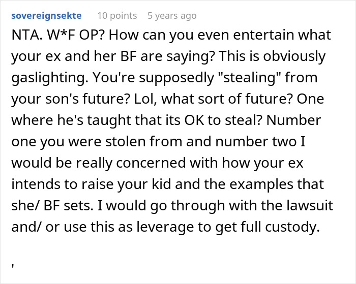 Comment discussing ex-wife's boyfriend stealing expensive Lego sets, criticizing gaslighting and custody concerns.
