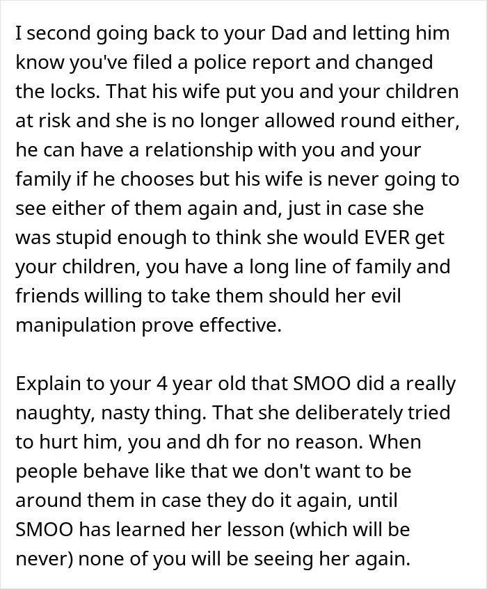 Text discussing a couple suspecting step-mom of stealing food, causing concerns about a CPS visit.