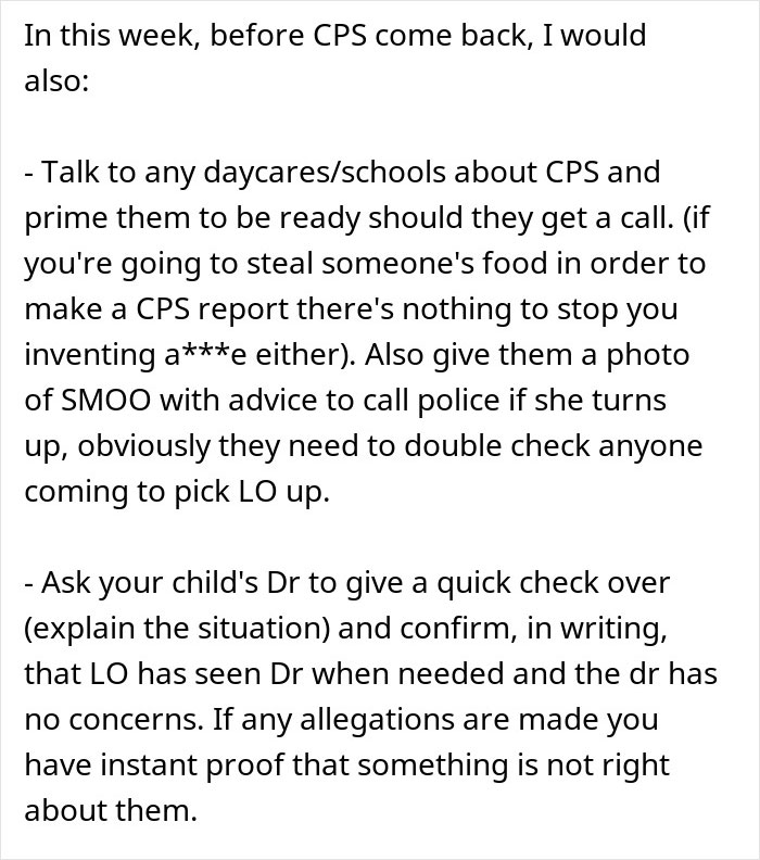 Text discussing advice on handling a suspected food theft by step-mom to prepare for a CPS visit.
