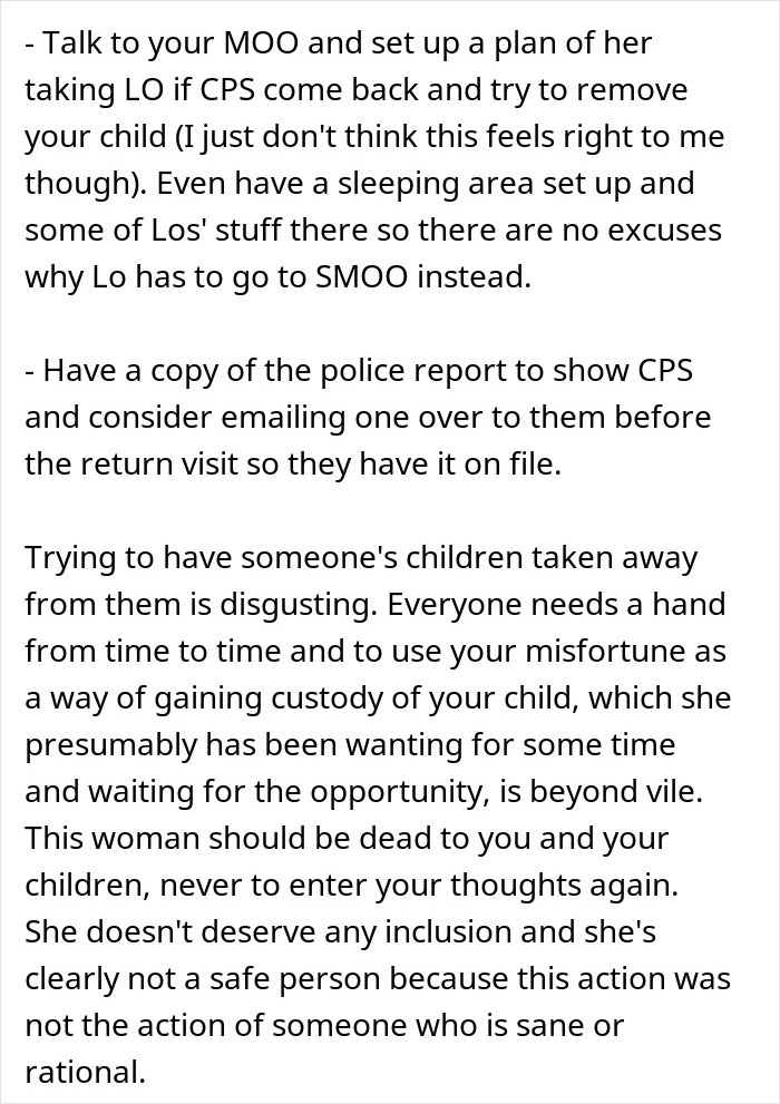 ALT text: Detailed family advice discussing a couple suspecting wife's step-mom of stealing food to prompt a CPS visit.