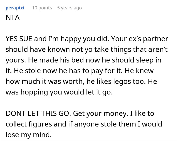 Screenshot of a Reddit comment supporting the victim whose cheating ex-wife's boyfriend steals expensive Lego sets and faces arrest.