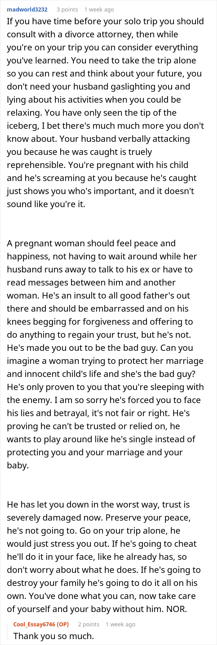 Text conversation discussing a wife planning divorce after husband lied and betrayed her during video call with his ex.