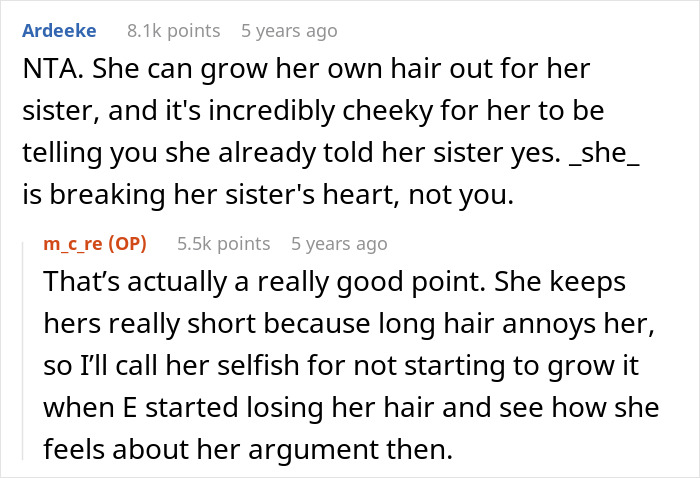 Screenshot of a Reddit thread discussing a lady expecting her friend to cut long hair for her sister&rsquo;s wig and getting mad when refused.