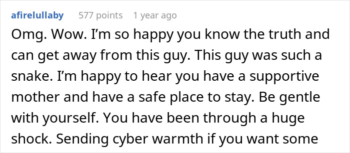 Comment expressing support for a woman leaving a man after discovering a 12-year-old daughter and years of lies.