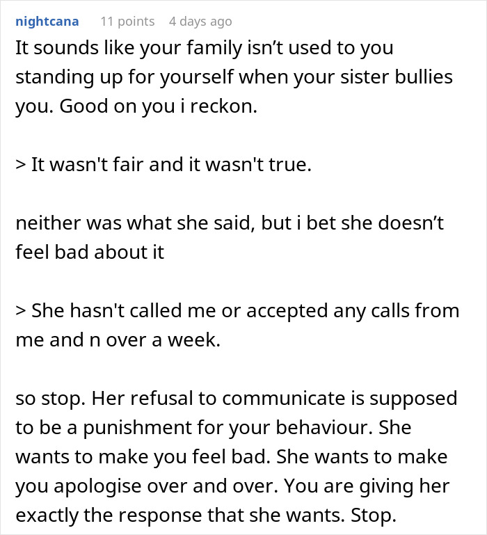 Comment discussing a woman firing back after sister insults her, causing tension and confusion within the family.