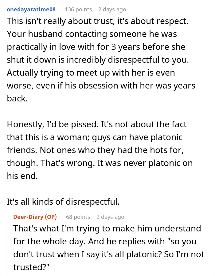 Text exchange discussing a married man texting a woman he loved years ago, causing disrespect and trust issues.