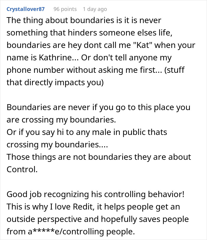 Text discussing boundaries and controlling behavior in relationships, related to man handling girlfriend&rsquo;s maid of honor duties.