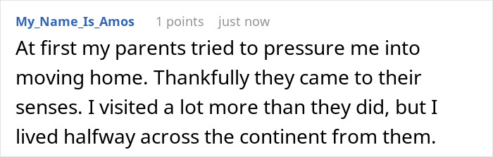 Screenshot of a user comment describing family pressure to move home, illustrating child out of spite behavior. Screenshot of a user comment describing family pressure to move home, illustrating child out of spite behavior.