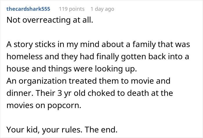 Comment discussing a family dinner ruined by a rude mother after their child choked on popcorn at the movies.