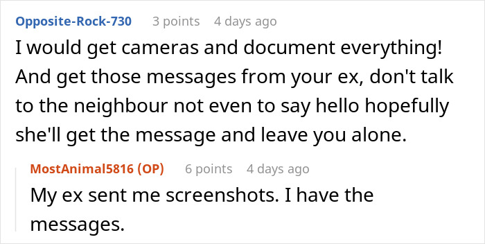 Screenshot of an online forum discussing a man stressed and paranoid due to an unhinged neighbor refusing to leave him alone.