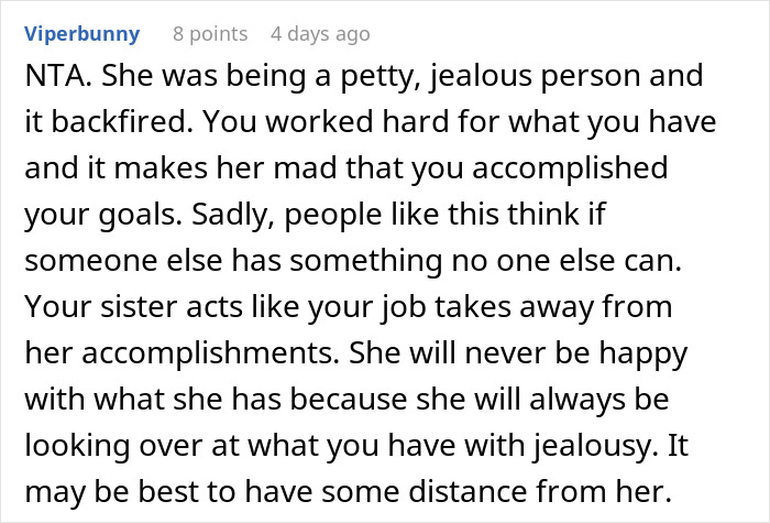 Comment discussing a woman firing back after sister insults, causing her husband embarrassment and confusion among her kids.